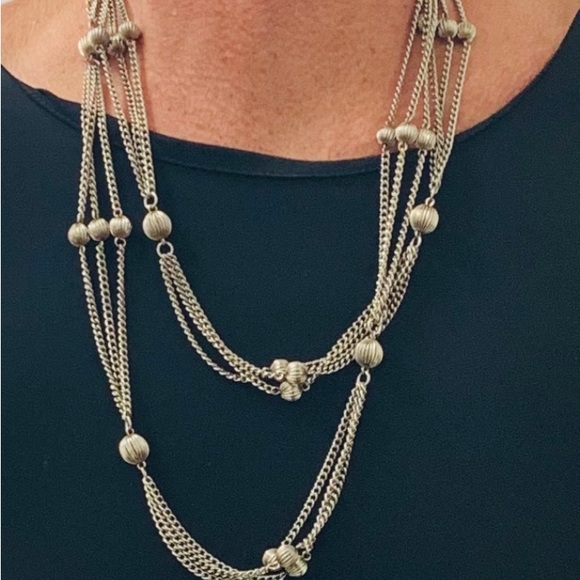25” Long 3 Strand Vintage Station Necklace with Ribbed Round Beads - Picture 2 of 11